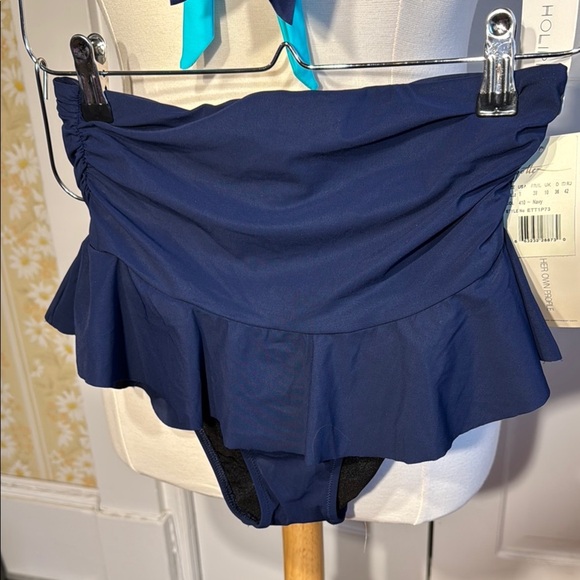 Super Cute Holypick Top & Gottex Bottom Teal/Navy Bikini Set Perforated Ruffle - Picture 5 of 15